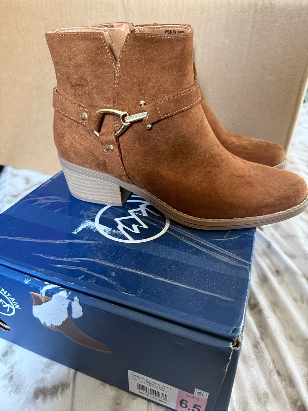 White Mountain Tan Suede Ankle Booties with Decorative Buckle